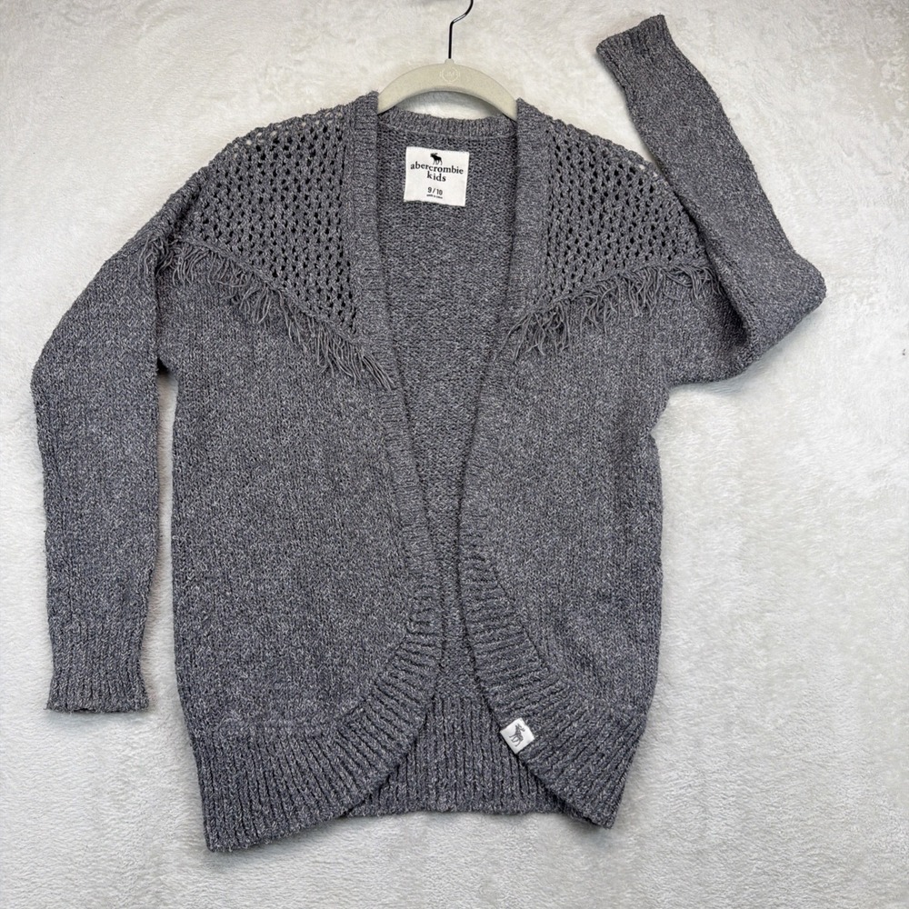 Abercrombie Kids Girls Cardigan Sweater 9/10 Gray Open Front Fringe Knit